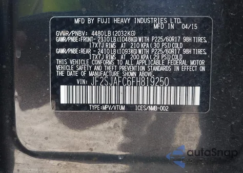 2015 Subaru Forester 2.5I Premium from USA, damaged, VIN JF2SJAFC6FH819250